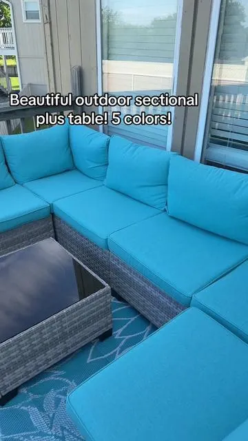 The comfiest outdoor sectional comes in five colors, and you get the massive tempered glass table hurry these are going to sell out fast #patio #patiofurniture #outdoorfurniture #patioset #tiktokshopcreatorpicks 