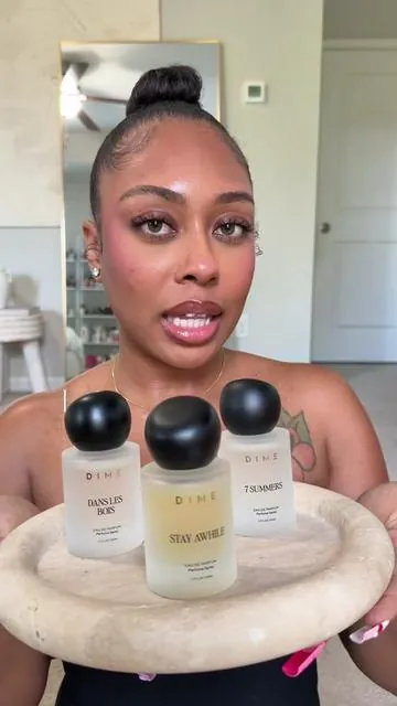 Welcome to my @DIME Beauty scent library, where every mood has a fragrance✨ Stay awhile: toasted pistachio, vanilla bean, cashmere musks 7 summers: bergamot zest, juicy pear, lavender blossom #DIMEpartner #perfumetok #fragrancewardrobe 