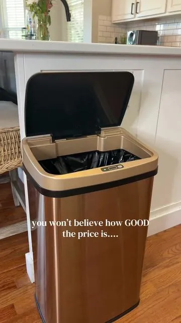 Hands free motion sensor trashcan. It’s less than half the cost  of those others and helps keep your family germ free. Not to mention…she’s cute 😍 #trashcan #trashcans #trash #kitchen #handsfree 