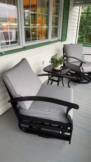 Outdoor spaces feel different when you finally get patio furniture people actually want to sit in. These swivel rocking patio chairs have the deep cushioned, slow-morning-coffee kind of comfort that turns your deck, porch, or patio into the spot everyone naturally gathers. Perfect for summer nights by the fire, watching the kids play outside, or winding down after work. #patiochairs #outdoorliving #patiofurniture #outdoorchairs #Summervibes 