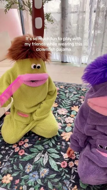 It's so much fun to play with my friends while wearing this clownfish pajama💜💛🖤💖#summervibes#pajamaset#onesie#giftforfriend#Clownfish
