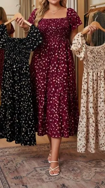 "Curvy girls, the stretchy smocked top and tiered skirt hug every curve perfectly. No clingy fabric, just flowy and flattering all day."#FloralSmockedMidDress #FrenchGirlSummerVibes #CurvesFlatteringFit #BrunchEssential #VersatileSummerStyle