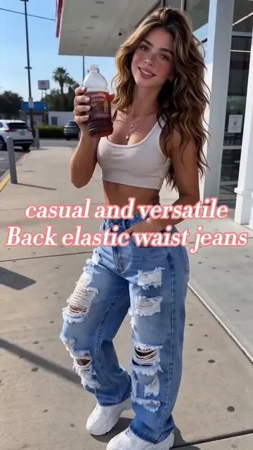 Distressed to perfection! 🛹 Obsessed with the oversized rips and comfy elastic waist on these jeans. 🔥👖#rippedjeans #streetwearstyle #distresseddenim #casualcool #outfitinspo #90saesthetic