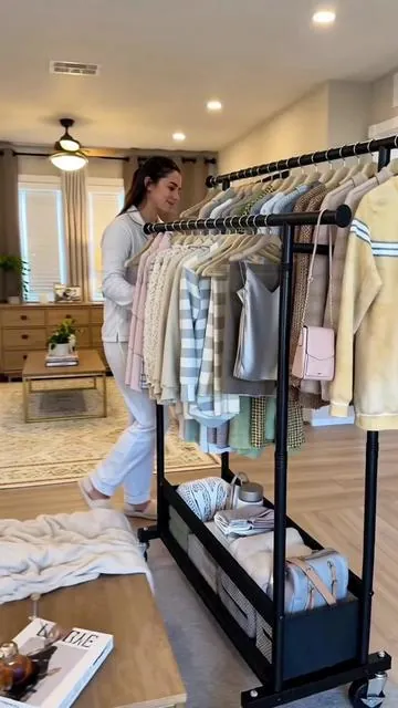 Raybee Heavy Duty Clothing Racks with Net Pocket Holds Up to 210lbs,Double Rod Metal Clothes Rack for Hanging, Rolling Garment Rack with Wheels Portable Closet Racks for Bedroom, Laundry Room,Dorm, Black, White, Gold#fyp #tiktokshop 