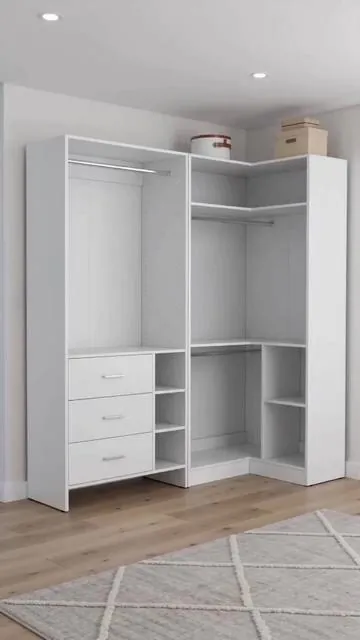 Transform your space with this amazing freestanding corner closet system! Say goodbye to clutter and hello to ultimate organization. Featuring sleek wooden drawers, ample hanging rods, and versatile shelves, it's designed to fit perfectly in your walk-in or bedroom corner. The modular and reversible design means you can customize it to your exact needs, creating a truly personal wardrobe solution. Get yours today and experience effortless style! ✨ #closetorganization #cornersolutions #wardrobesystem #homeorganization #AIGC #Moras