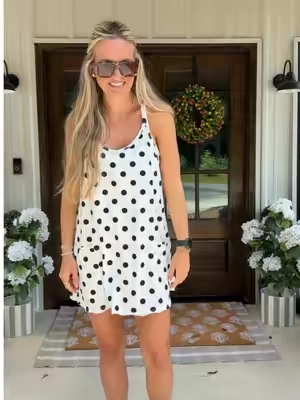 You are kidding!!!! My favorite look for less romper/dress in the cutest new print! Obsessed with the polka dots! I know these are going to go fast! #tiktokshopcreatorpicks #summerootd #summerdress #casualdress #activedress 
