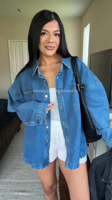 COLOR: BLUE(xxl) Truly obsessed with wearing these oversized denim shirts!! The perfect light layer for the warmer month! I love a good oversized shirt moment! Denim Oversized Shirt. Oversized Shirt Outfit. Denim Outfit. #denim #oversized #oversizedshirt #denimoutfits #denimshirt 