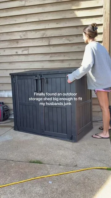 Joking we would need a giant pole barn to fit all of his junk 😆 but this will be good for now! #outdoorstorage #outdoorstorageshed #outdoorstoragebox #storage #shed