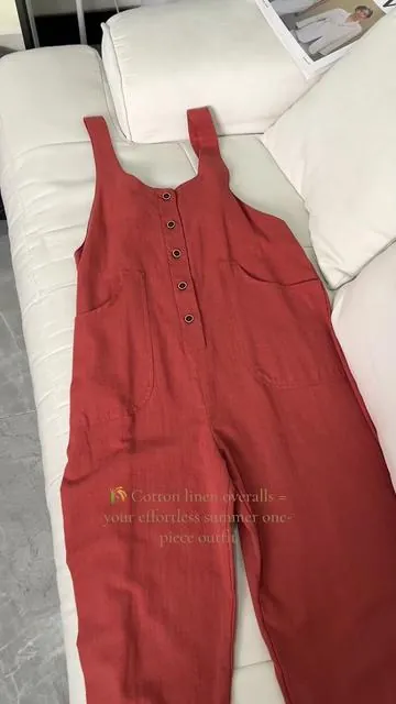 Breathable cotton-linen fabric, adjustable shoulder straps to fit all heights. Front buttons + deep side pockets, loose tapered legs perfect for vacation & daily errands. #cottonlinenjumpsuit #CasualOveralls #Summerhack #lazyoutfit #dealsforyourdays 