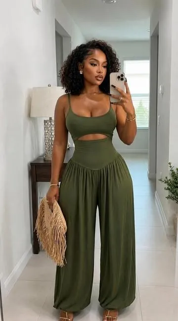 Cut-out Cami Jumpsuit Adjustable Shoulder Straps with Pockets Backless Tie-Back Ruched High Waist Romper#SummerOutfits#ootd #casualoutfits #jumpsuit #summerjumpsuit 