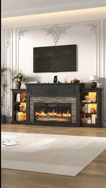 Bring cozy farmhouse luxury into your living room with the 85” Electric Fireplace with Mantel Farmhouse TV Stand 🔥✨ Featuring a classic carved mantel design, built-in 36” electric fireplace, LED lighting, and a convenient charging station, this entertainment center blends warm rustic charm with modern functionality—perfect for movie nights, family gatherings, and creating that cozy home aesthetic. #Viral #LivingRoomGoals #FireplaceTVStand #FarmhouseDecor #HomeAesthetic 