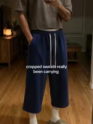navy cropped sweats make a basic fit look way harder #longshorts #croppedpants #capris #baggyshorts #menswear 