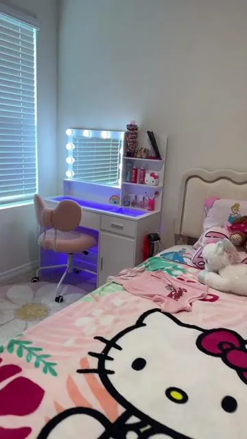 I bought this for my daughter but lowkey might steal it for myself? 😂  The clear glass top with the changing colors is everything. 😍 It looks so high-end in her room!💓 #vanity #roominspo #tiktokmademebuyit #fyp #girlythings 