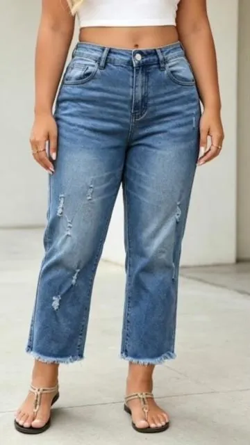 Women's Loose-Fit Cropped Ripped Jeans, Casual Elastic Fabric Denim Pants Streetwear All-Season, Perfect for Outings and Dates. #jeans #womensfashion #ootd #dealsforyoudays #fyp 