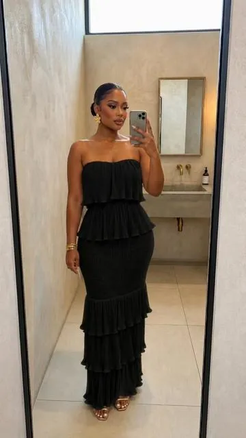 Women's Bandeau Shirred Ruffle Hem Wedding Guest Layered Sleeveless Dress#ootd #summerturnup #SummerOutfits #dressgoals #summerdresses 