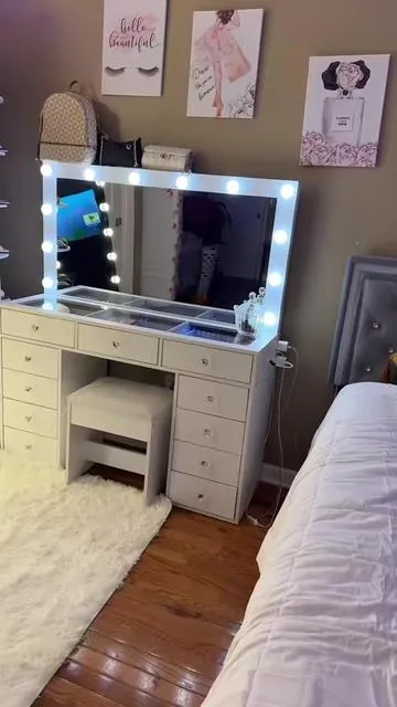 Vanity Desk Makeup Station with Tempered Glass Top Power Outlet 11 Drawers 3 RGB Illuminated Stora#vanitymirror 