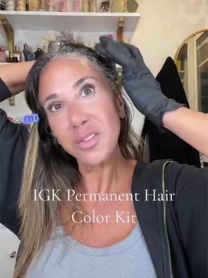 Stop buying 8 Dollar box dye !!  Skip the salon... @IGK Hair color kit gives you long-lasting gray coverage with NO AMMONIA, clean, vegan ingredients and professional results, all from your bathroom. #haircolor  #hairtutorial  #grayhair #roottouchup  #igkhair 