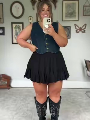 Let’s pretend my mirror isn’t dirty and my hair’s not a sweaty disaster - This vest is actually everything. And paired with the cutest ruffle skirt everrr?  🤌🏻#denimvest #miniskirt #curvyfashion #concertoutfit #tiktokshopsummersale 