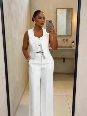 2 Pieces Outfits Metal Button Decor V Neck Sleeveless Tank Top and Plain Loose Fit Pants Set#OOTD #casualoutfits #summeroutfits #2pieceset #2piecesetoutfit 