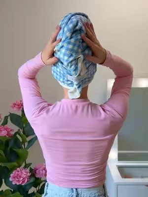 NEW gingham blue 🦋 soft, super absorbent & dries hair faster with less frizz #hairwrap #hairtowel #haircare #gingham #cottagecore @Kitsch 