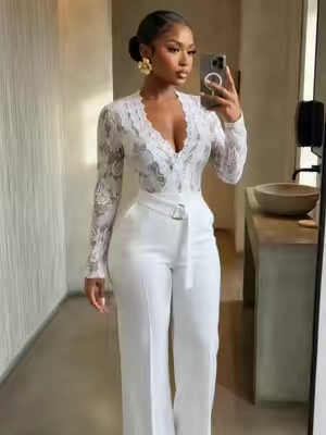 🤍🖤Crochet Lace Trim Deep V-Neck Floral Lace Spliced Overalls Casual Zipper Back Wedding Guest Seam Front Jumpsuit with Belt#OOTD #summeroutfits #vacationoutfits #casualoutfits #jumpsuitoutfit 