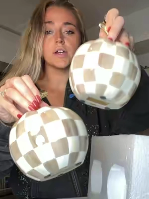the mocha check screams neutral aesthetic decor.. qvc dropping these MacKenzie Childs Set of 2 Mini pumpkins for that price is such a good deal