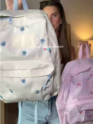 We love our new backpacks!! 🎀🩵 #backpacks #girlsbackpack #bowbackpack #jansportbackpack #jansportbacktoschool 