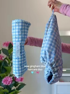 luxury satin-lined shower cap + XL hair towel wrap now in Gingham Blue 🦋 #haircare #showercap #hairwrap #hairtowel #cottagecore @Kitsch 