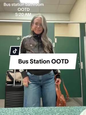 The usual bus station bathroom #OOTD  I’ll link what I can in my Shopmy + LTK  @adidas Tokyo sneakers linked below + Jacket in my other places  @Longchamp custom tote  @Gap favorite baggy jeans  Master Acme bag  #whatimwearing #fitcheck #over50style #adidas 