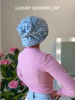 the best satin-lined shower cap now in limited edition Gingham Blue 🦋 #showercap #luxuryshowercap #gingham #cottagecore #kitsch @Kitsch 
