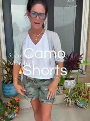 Camo is trending this summer and you're going to love the incredible stretchy on these camo shorts! #tiktokshopcreatorpicks #tiktokshopmemorialday #dealsforyoudays #midsizefashion #over50style 