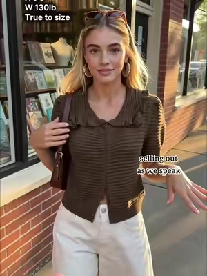 This top is giving rich-girl bookstore energy 🤎 The ruffle detail is so pretty and the fit is insanely flattering. Run before it sells out! #knitcardigan #falltops #oldmoneyoutfit #femininefashion #tiktokshopfinds