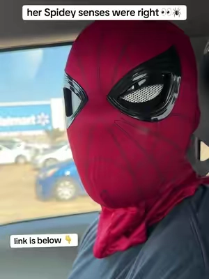 Her spidey senses were right 👀 the eyes actually move — blink, wink, glow red and blue — all from a ring on my finger. Full-face, fits adults, feels like nothing on. The one people stop scrolling for. 🕷️ #spiderman #spidermanmask #tiktokshop #tiktokmademebuyit #marriedlife 