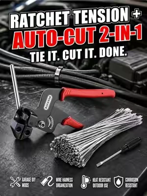 Stop rummaging through messy hose‑clamp boxes or wasting disposable zip‑ties. This all‑in‑one kit tightens, trims and releases metal ties for all your garage DIY jobs. Grab before price goes up! #CarRepairTools #GarageEssentials #StainlessSteelZipTies #DIYAutoRepair #MechanicTools   
