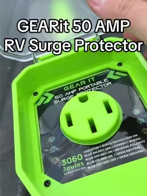 Protect your RV from bad campground power with the GEARit 50 AMP RV Surge Protector. Built-in voltage monitoring, 3,060-joule surge protection, weather-resistant housing, and over-current protection help keep your electrical system safe. #RVLife #RVCamping #RVAccessories #CampingGear #TravelTrailer