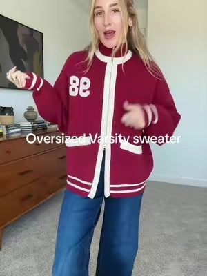 Such a vibe! I’m 5’9”-140 wearing the medium. #varsitysweater #sweater #oversizedsweater #zipupsweater #edikted 