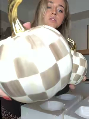 oh the way the mocha check just fits so perfectly for fall too.. qvc dropping these Mackenzie Childs set of 2 mini pumpkins and for that price.. insane deal @QVC, Inc 