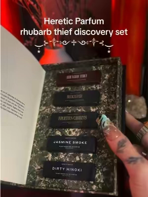 Fragrance that’s hauntingly beautiful, every scent has a story 🥀🐇🫜 @HereticParfum #hereticparfum #rhubarbthief #discoveryset #perfumetiktok #witchyvibes 