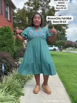 Flowy but still gives a flattering shape. Sizes M-6X. Cute flutter sleeves. Pockets. Modest neckline and length. I’m wearing a size L. #tiktokshopcreatorpicks #midsizefashion #backtoschool #TikTokshopbacktoschool #plussizefashion @BloomChic 