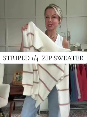 This super soft 1/4 sweater is the one to add to your closet before fall hits.  #sweaterweather #stripedsweater #fallsweater #preppysweater #tiktokshopcreatorpicks 