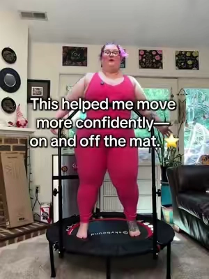 Rebounding has helped me so much!! Low impact and something I don’t hate doing. ♥️ *This is my personal experience with the rebounder. Not medical advice. #rebounding #rebounder #trampoline #mobility #plussize 