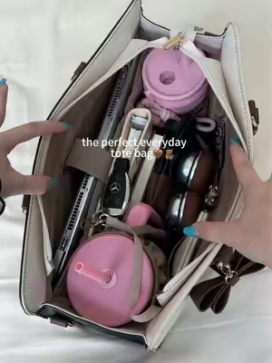 This tote has a designated spot for everything – laptop, tablet, pens, phone, cup. 🩷🫶🏻#TikTokshopbacktoschool #backtoschool #workbag #totebag #everydaybag 
