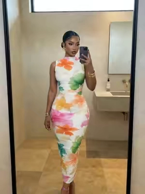 Watercolor Floral Mesh Midi Dress Mock Neck Sleeveless Ruched Bodycon/Summer Dress#OOTD #DailyOutfit #partydress #dressgoals #fyp 