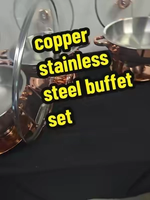 copper stainless steel food warmer buffet set most beautiful set I have ever seen ready for any event whether it's weddings or parties. #foodwarmerset #buffetset #foodservingset #stainlesssteelset #buffetsetup 