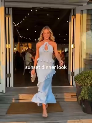 This halter maxi is your ideal pick for sunset dinner dates.#dinneroutfit #haltermaxidress #DateNightLook #VacationOutfit #ruffledress 
