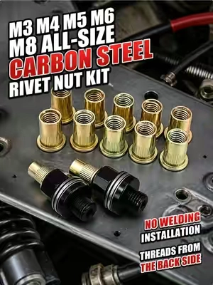 Fix stripped threads on thin metal blind spots.🛠️⚡ M3-M8 full rivet nut kit with extra nuts included.🚗 Strong permanent threads for cars, trucks & DIY projects. 🔥 Big discount + free US shipping, limited offer! #RivetNutKit #AutoRepair #CarDIY #TruckMods #MechanicTools    