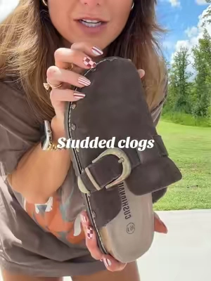 Chocolate brown gold studded clogs are you kiddding?! The perfect fall shoe! They come in other colors too!  #shoetok #fallshoes #fypシ 