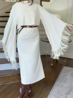 Give me all the fringe!! This stunning dress with long sleeve fringe top is so fun and giving major western chic! I’m 5’8 135 wearing a small. No stretch so I would recommend sizing up in this dress. Belt not included! @Cider #westernchic #fringe #dress #fringedress 