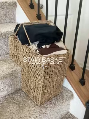 Finally, a designated spot for everything waiting to go upstairs 🙌🏼 @QVC, Inc  #StairBasket #HomeOrganization #ClutterSolution #OrganizedHome #MomLifeFinds 