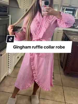 Sweet, feminine, and effortlessly chic. This blue gingham ruffle robe is the perfect lightweight layer for cozy mornings and getting ready in style. #GinghamRobe #WomensLoungewear #CozyStyle #FeminineFashion #TikTokShopFinds